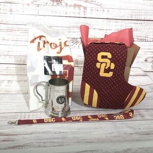 USC Trojans Holiday Stocking with Silver Mug Table Cloth and Logo lanyards NWOT
